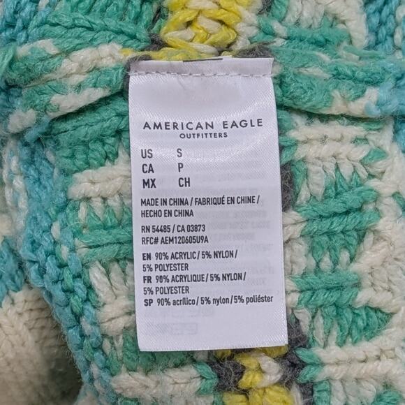 American Eagle Oversized Fair Isle Mock Neck Sweater Green Cream Floral Women S - Picture 12 of 16